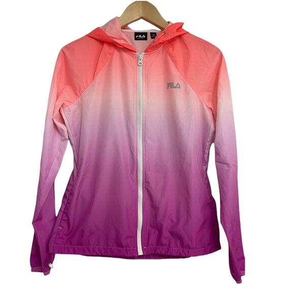 FILA Sport Windbreaker Jacket Ombre Neon Hooded Zipper Lightweight Rain XSmall - Picture 2 of 11